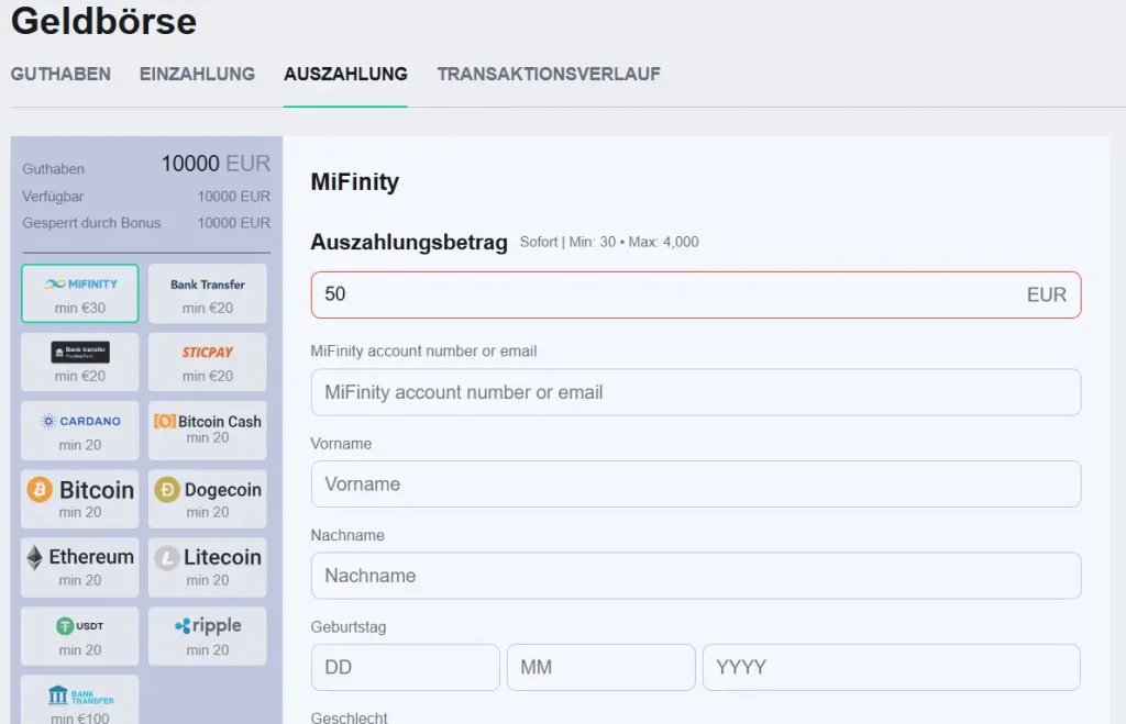 Crocoslots Auszahlung mit MiFinity